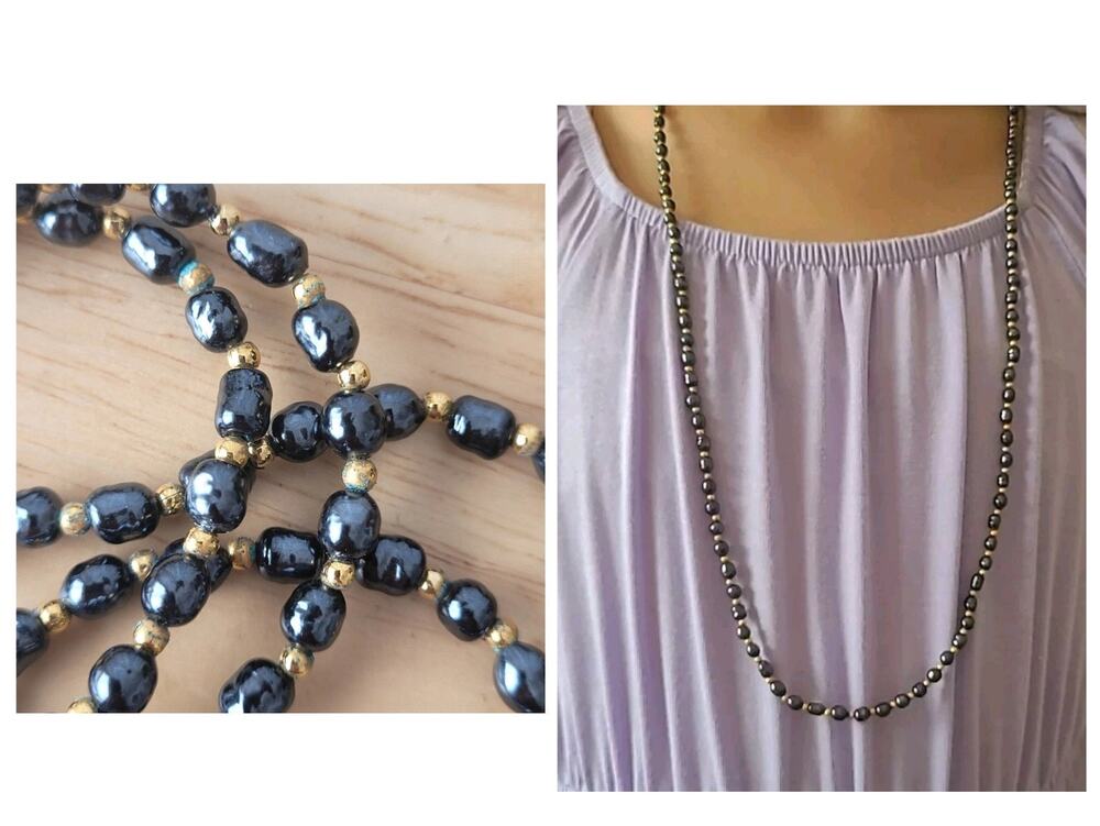 Vintage Marvella Blue And Gold Beaded Necklace 30 Inch Spring Clasp Closure